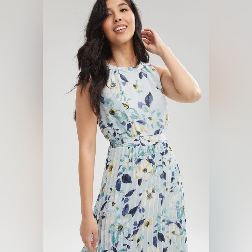 RW&CO. Sleeveless Pleated Chiffon Midi Dress Blue and Yellow - Picture 8 of 9